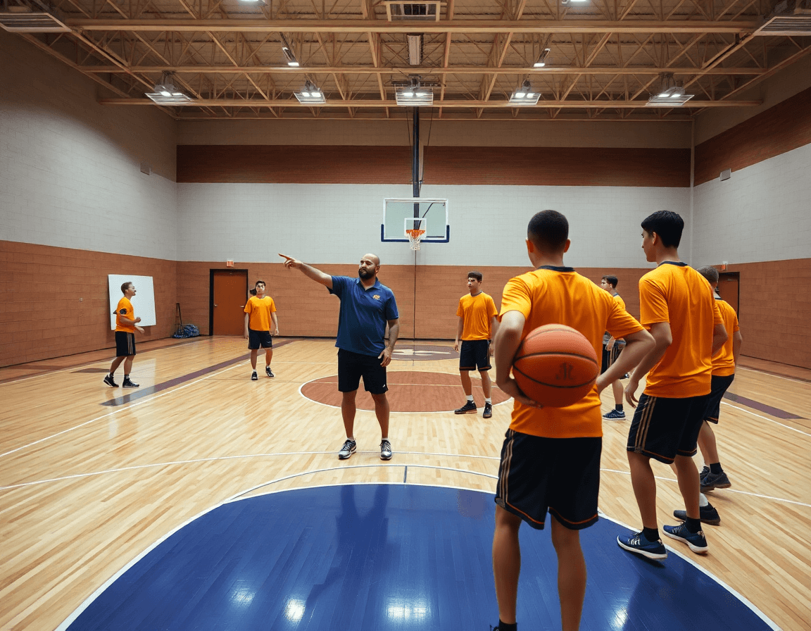 Wide basketball gym scene with coach guiding a basketball full-court drill and players in training kits.