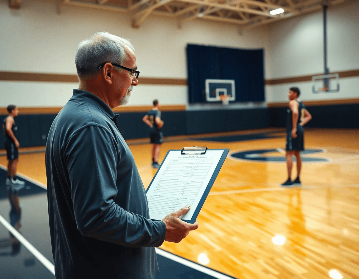 Wide basketball gym scene shows a coach with a clipboard and a basketball tryout sign in sheet.