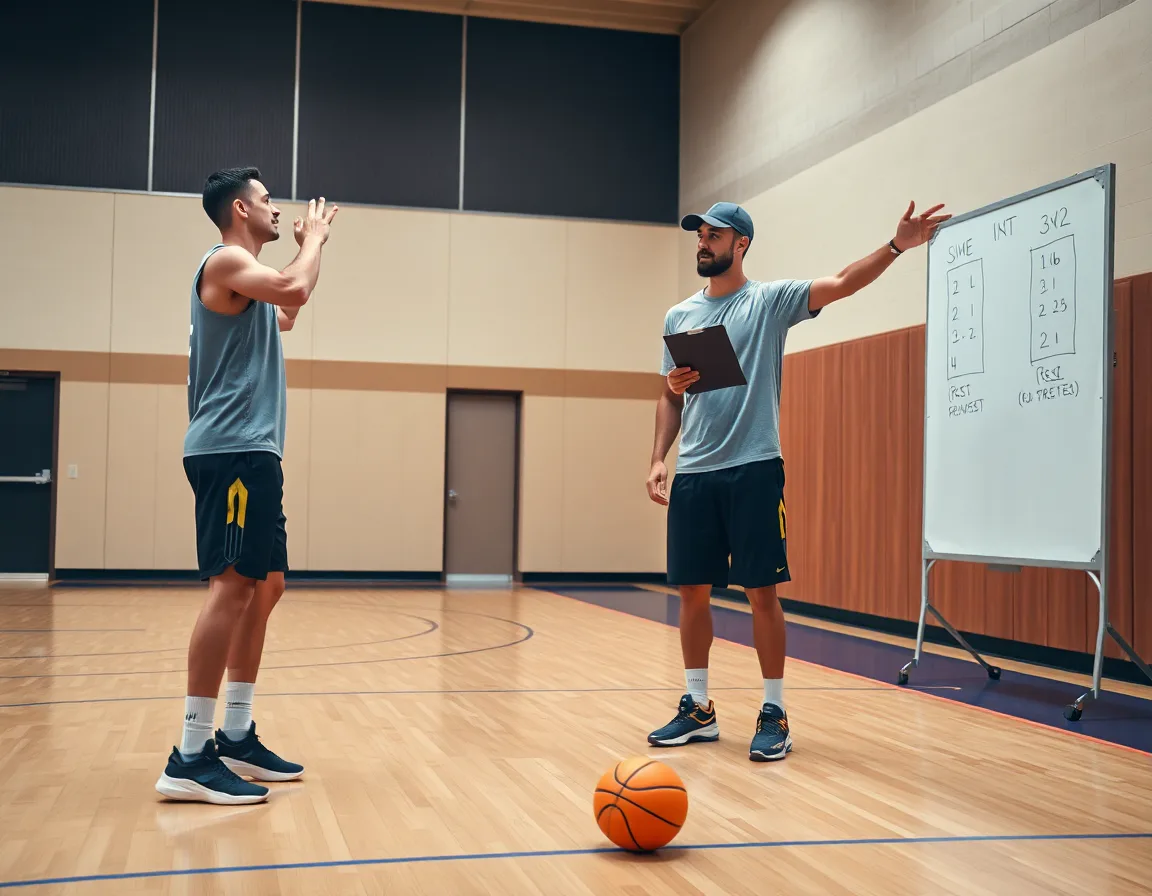 A basketball vertical jump workout unfolds during a team practice on the hardwood court.