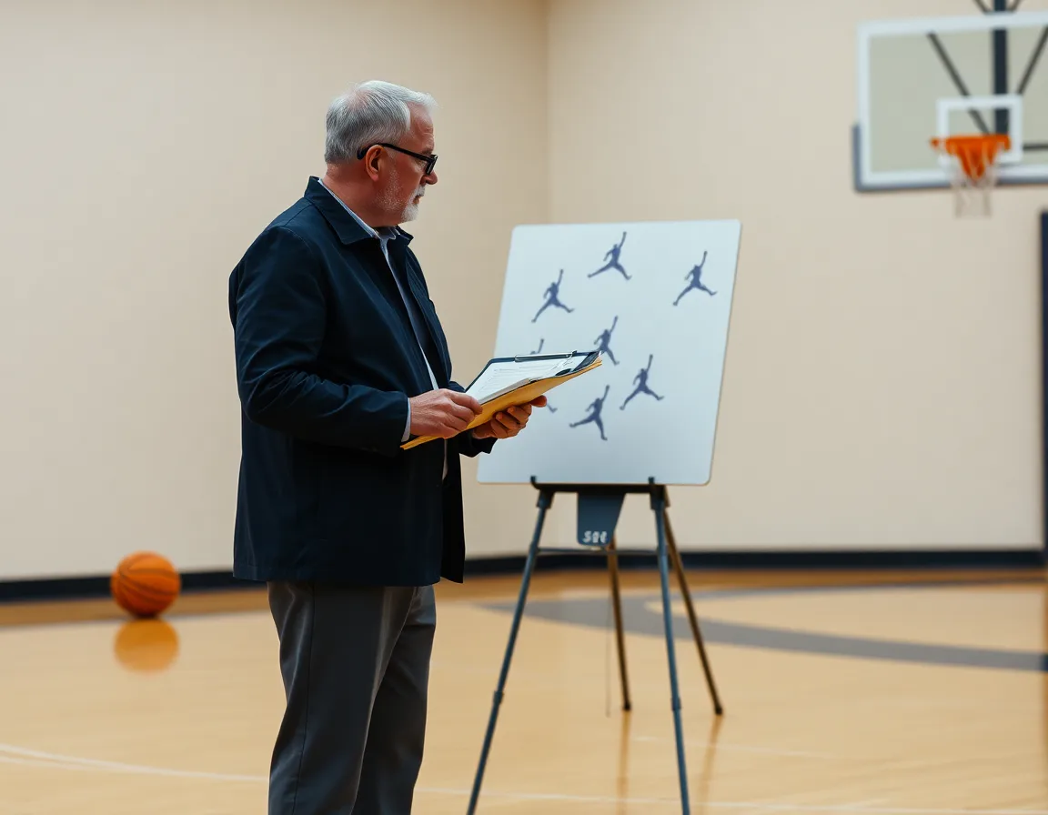 Coach with clipboard draws basketball jump progressions on a whiteboard beside an orange basketball on hardwood court.