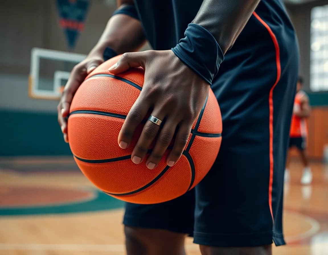 Close-up on a basketball player's hands during a fast basketball drill on the hardwood court.