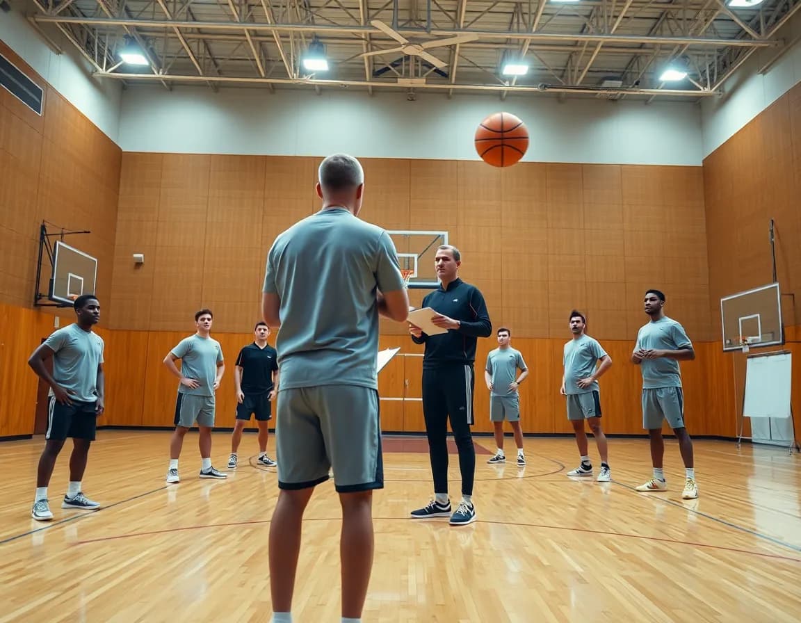 Basketball coach oversees a full-court basketball vertical jump workout with athletes in mid-practice.