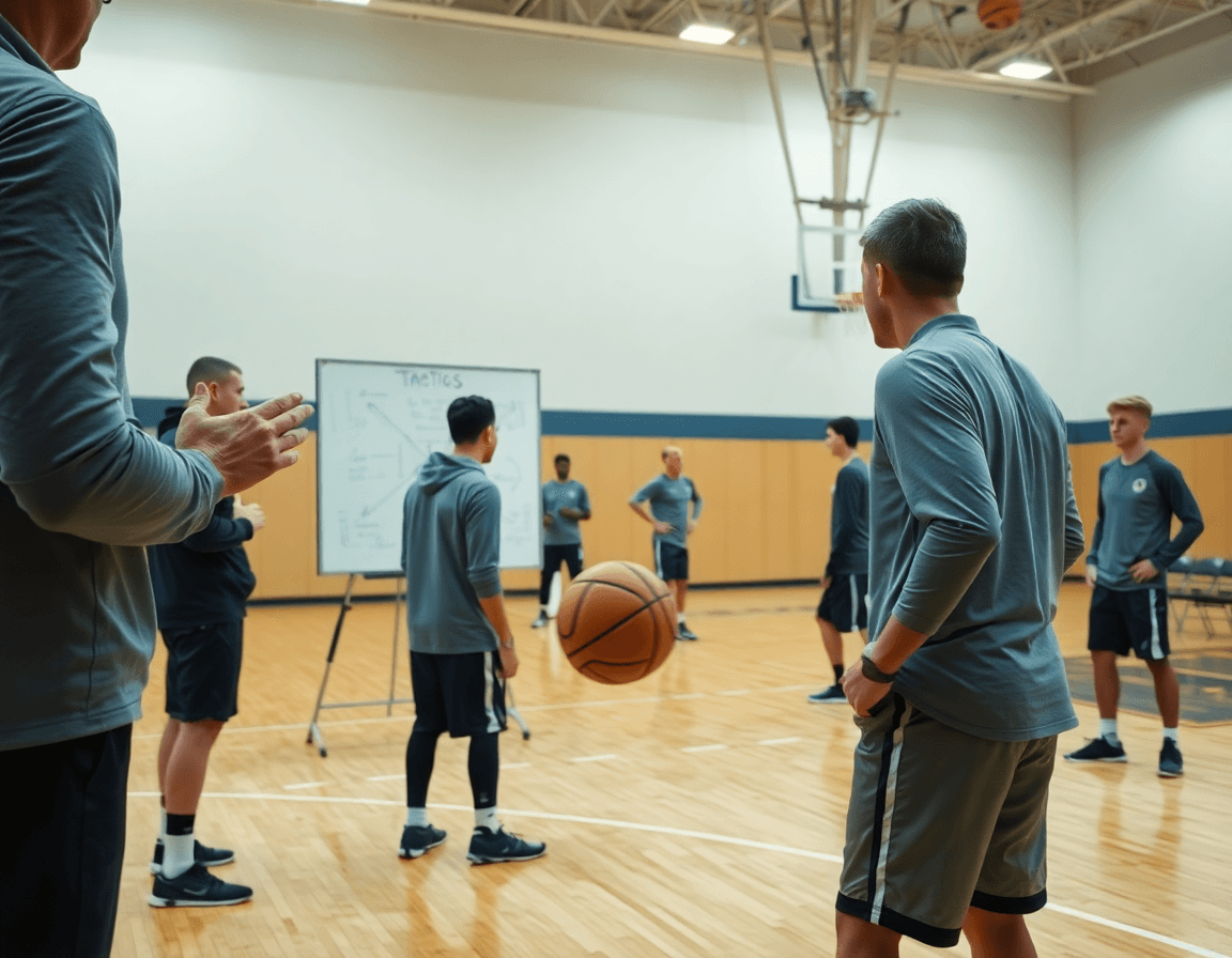 Coach reviews a basketball video analysis app screen as players practice a drill.