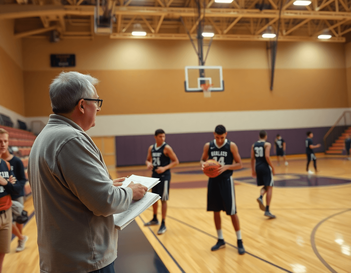 Coach marks plays on a whiteboard as players practice, connected to basketball video analysis app.