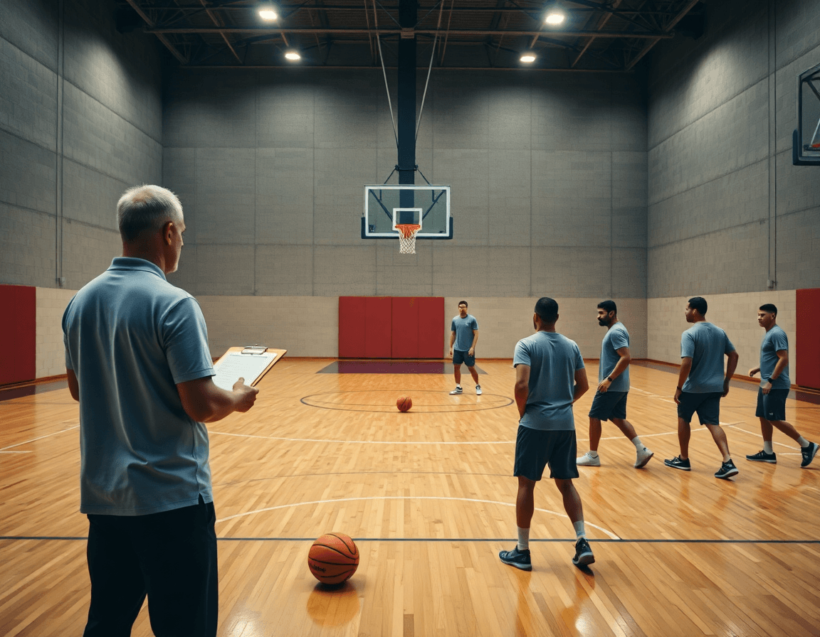 Wide basketball gym scene showing a coach and team, illustrating basketball video analysis app workflow.