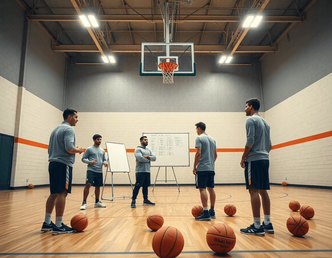 Coach explains weekly basketball practice plan beside a whiteboard while reviewing basketball video analysis software on a tablet.
