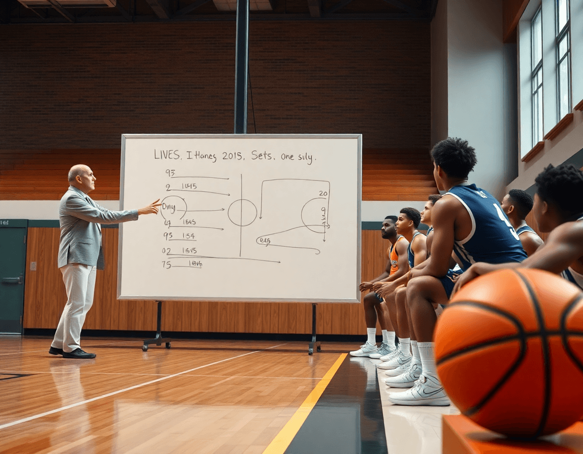 Coach points to lines on the whiteboard outlining basketball plays and sets as players watch.