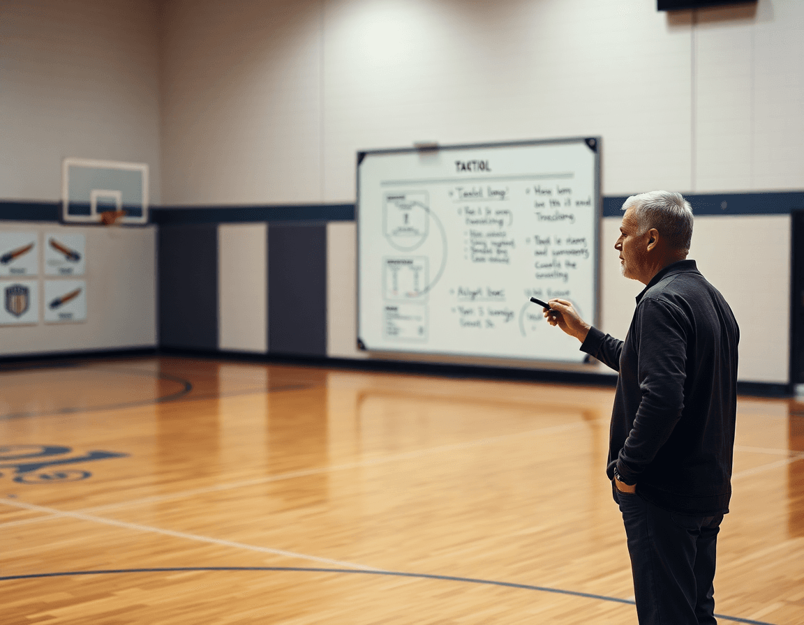 Coach explaining tactics on a gym whiteboard