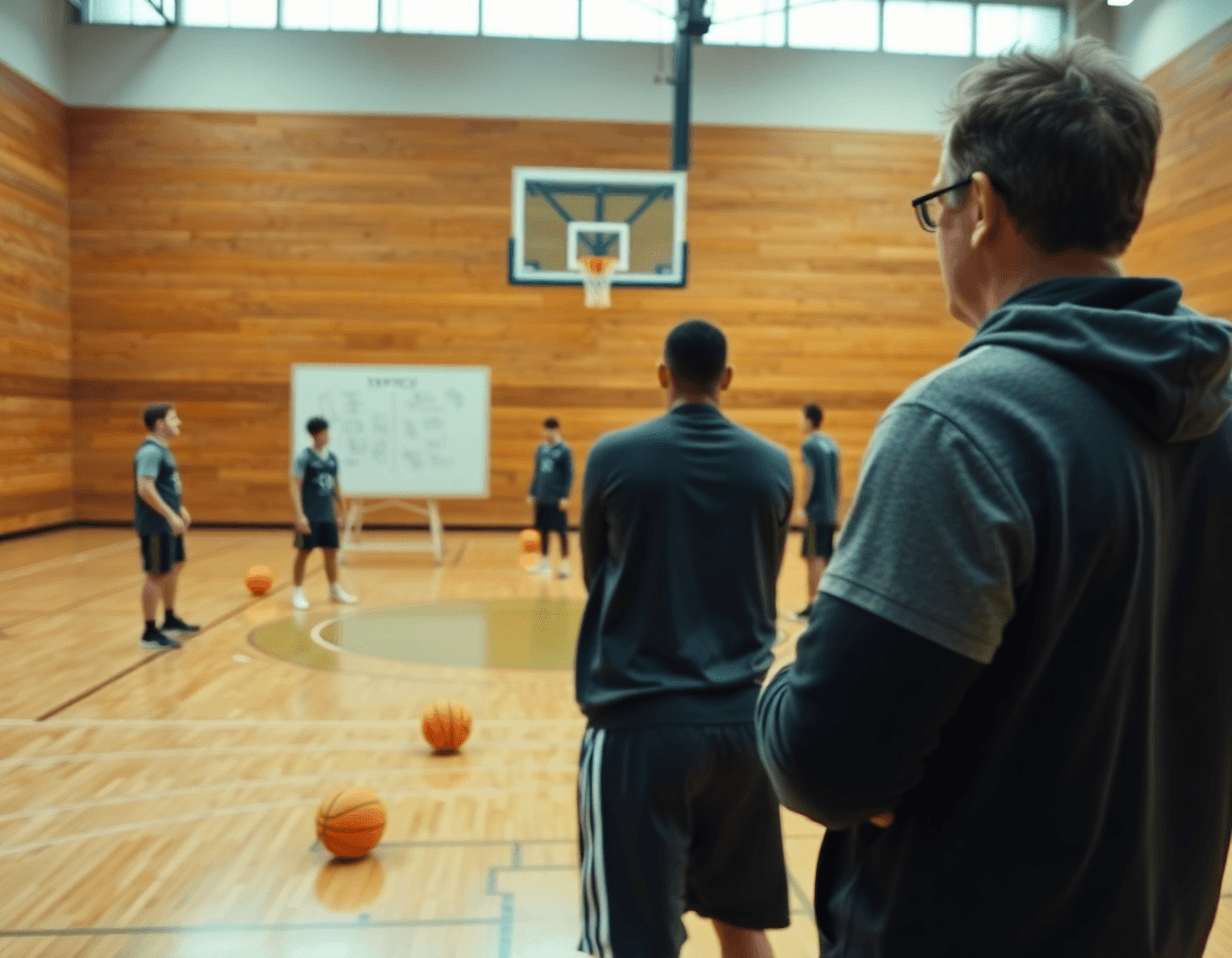 Wide-angle view of a basketball coach using basketball video analysis software on a monitor during basketball practice.