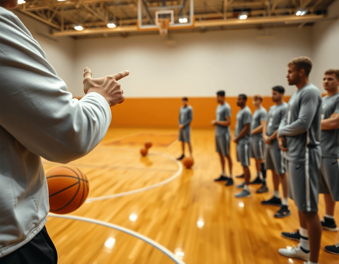 Close-up of coach guiding basketball video analysis with a whiteboard and orange basketball.