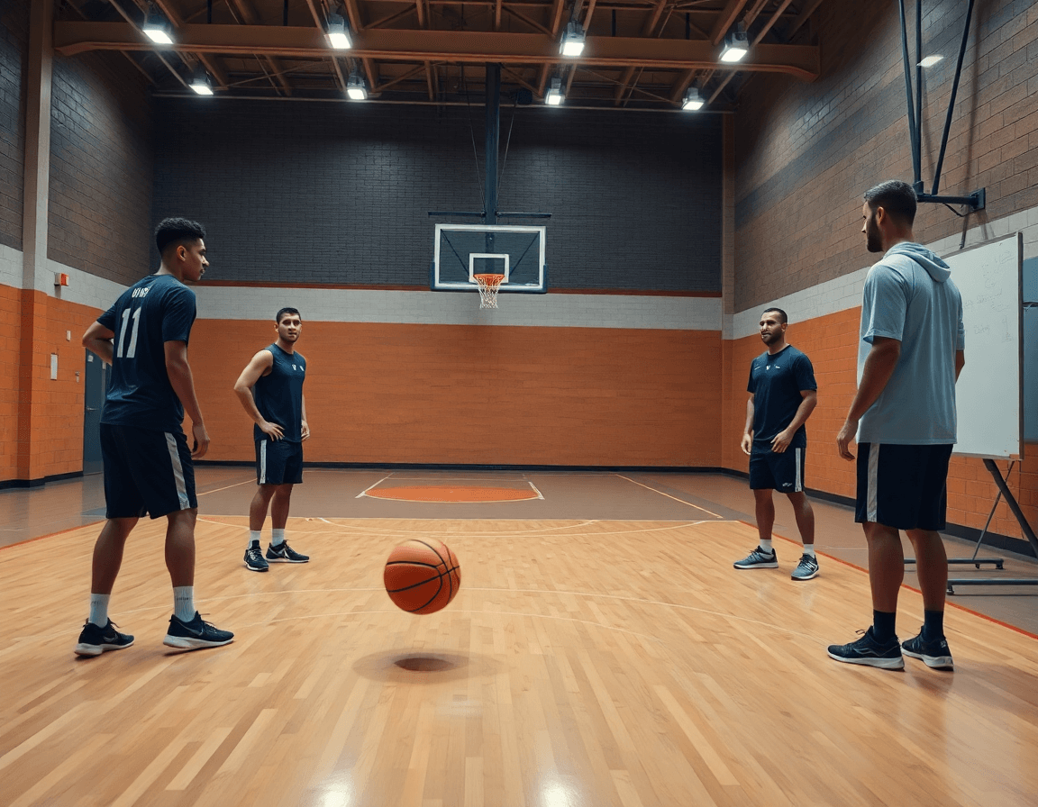 Five players near the top of the court during basketball video analysis with a coach and whiteboard.