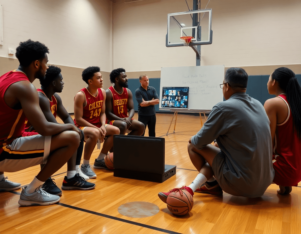 Group around laptop reviewing basketball video analysis playlists, while the coach sketches lessons on the whiteboard.