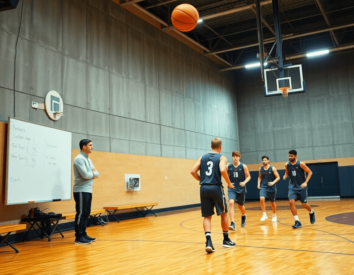 Wide shot of a basketball video analysis session in a well-lit gym with a coach.