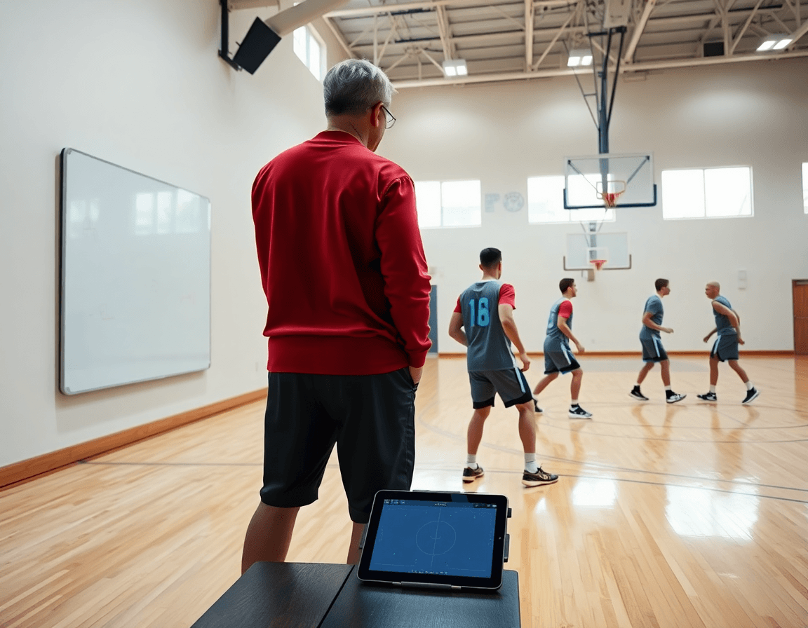 Close-up of a basketball coach guiding a drill with a basketball whiteboard app during practice.