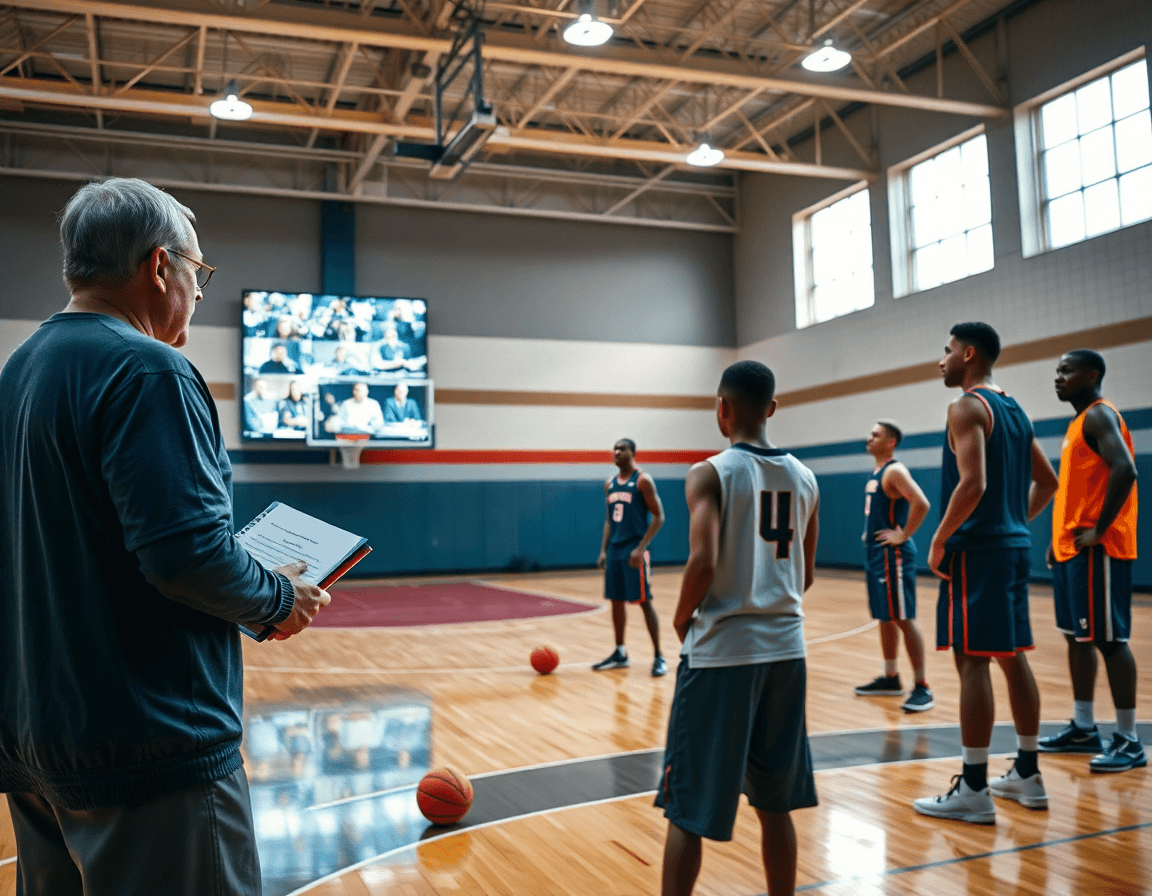 Coach reviews basketball clips and feedback on a screen using a basketball whiteboard app during practice.