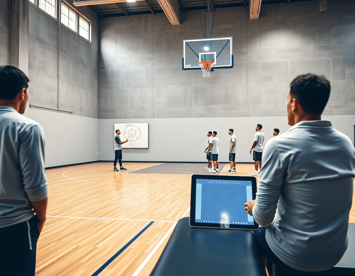 Wide view of a basketball court with a basketball whiteboard app guiding drills.