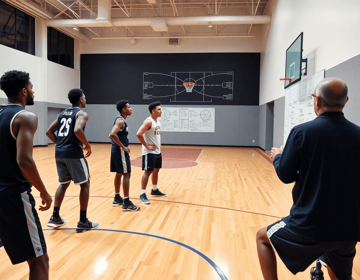 Tight shot of players drilling on the hardwood as the coach explains basketball strategy on a basketball whiteboard for wall.