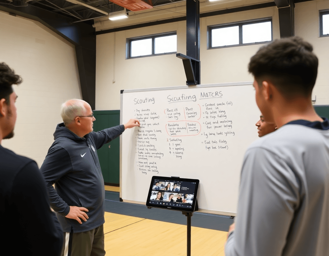 Coach reviews scouting notes on a wall basketball whiteboard for wall while players watch video.