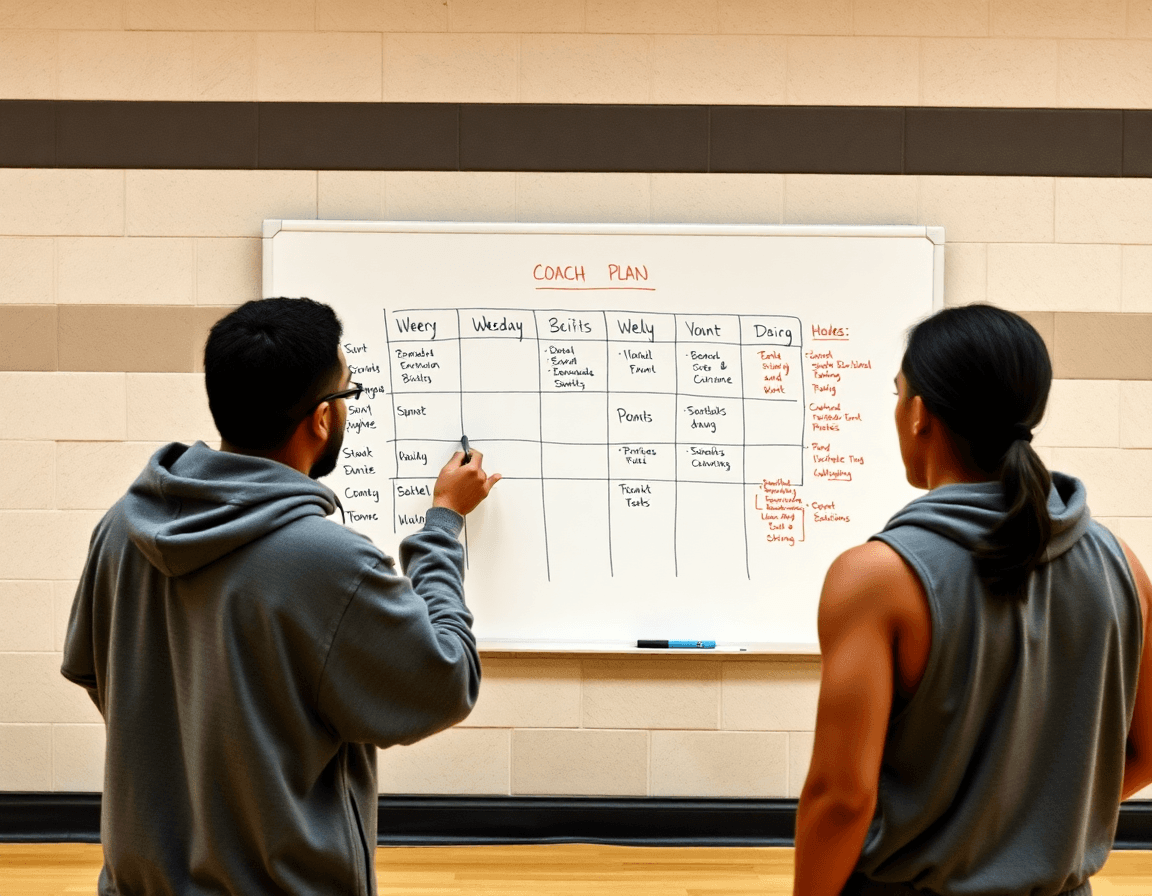 Coach maps weekly basketball plan on a wall basketball whiteboard for wall as players drill.