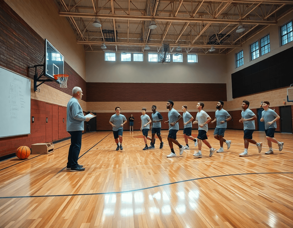 Wide basketball gym scene with a basketball whiteboard for wall and coach guiding drills.