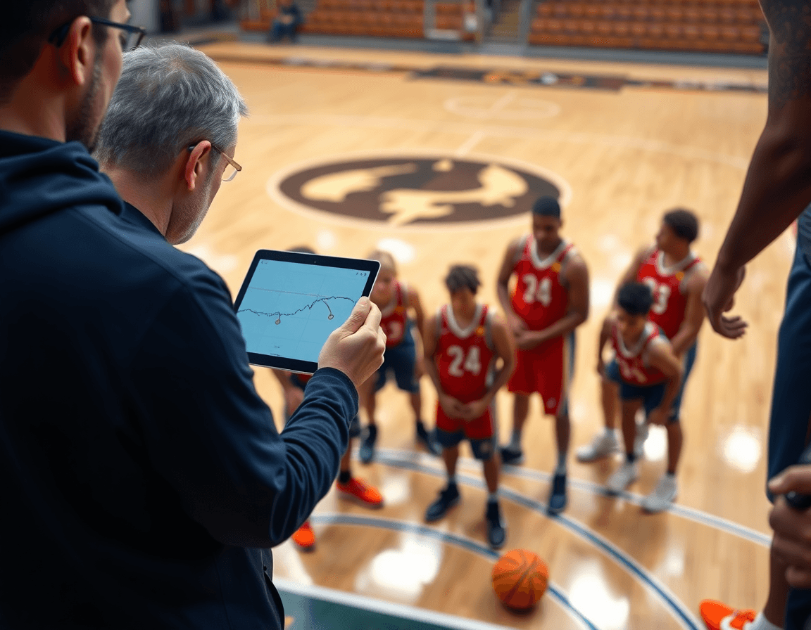 Players around a tablet showing the basketball whiteboard online during a timeout on the basketball court.