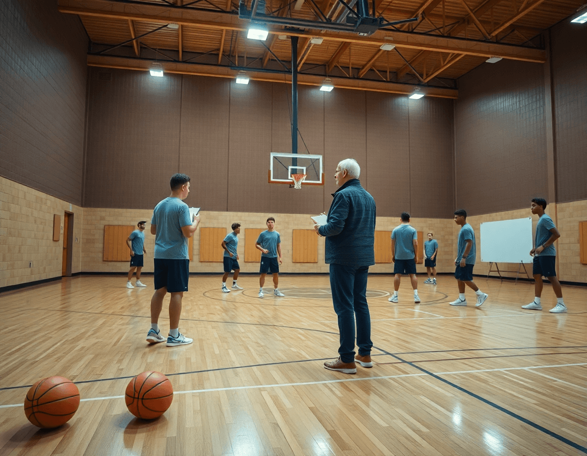 Wide basketball gym scene with a coach using a basketball whiteboard online to guide players.