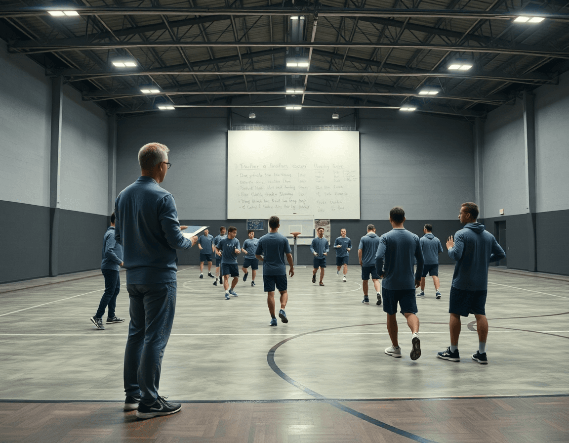 A wide gym scene with a basketball whiteboard guiding practice.