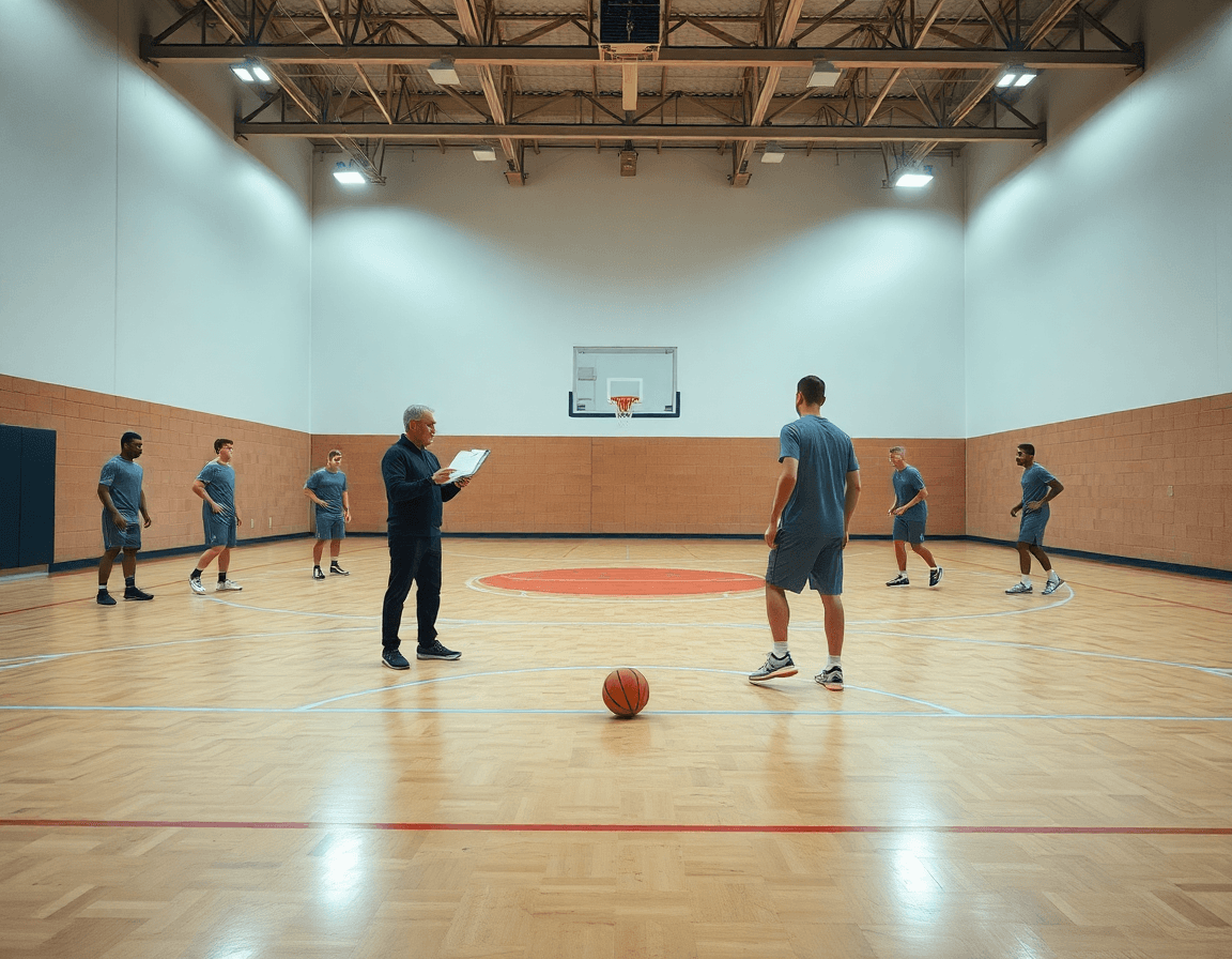 Wide gym scene depicting basketball zone defense in action during a team practice session.