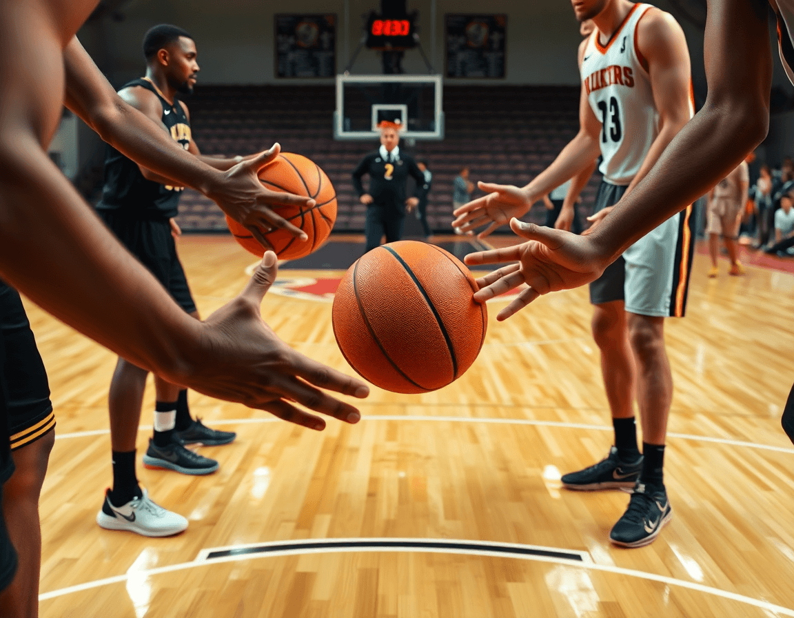 Close-up on hands passing a basketball during a zone offense drill on a hardwood court.