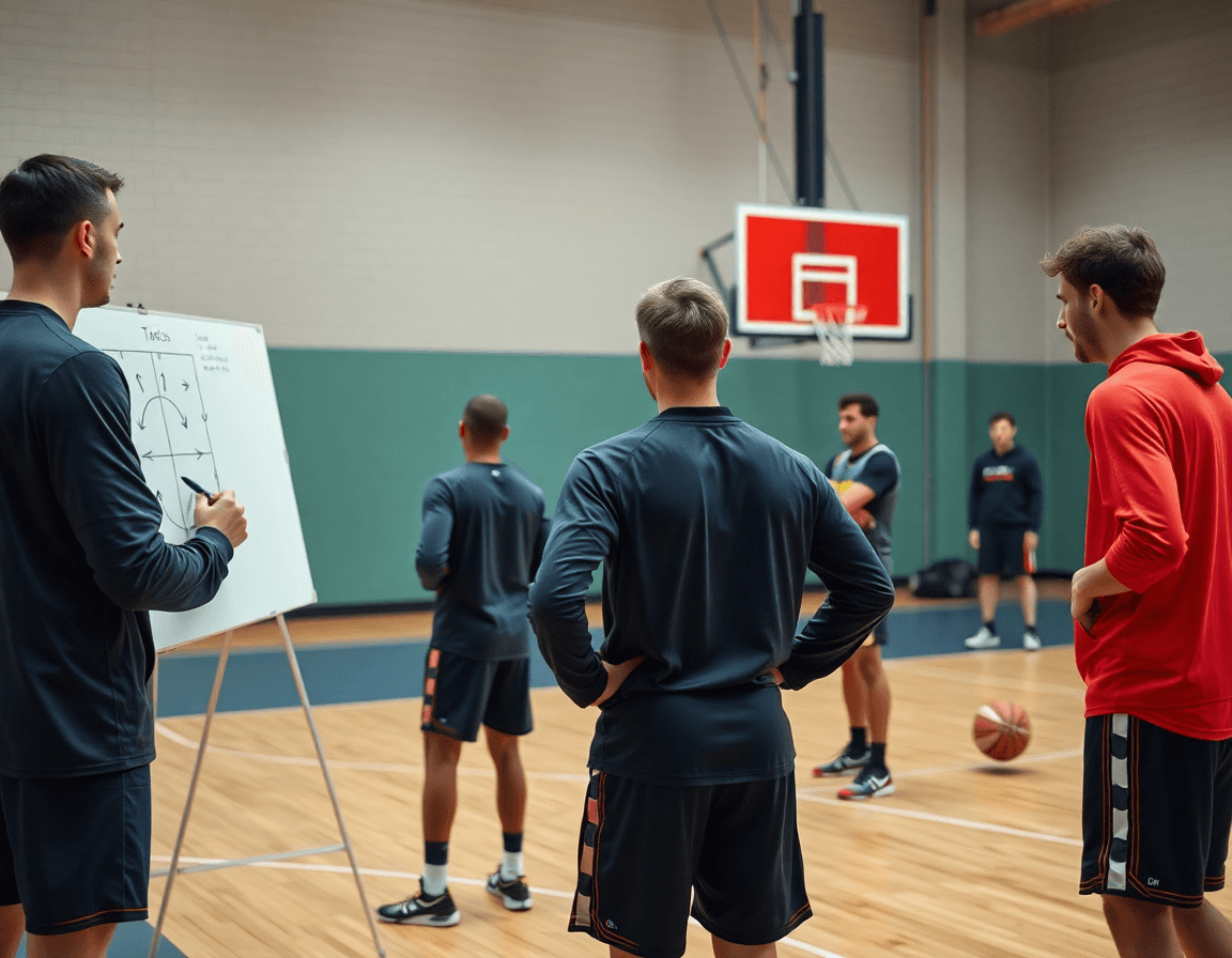 Coach with tactics whiteboard guiding a basketball play as players study basketball principles.