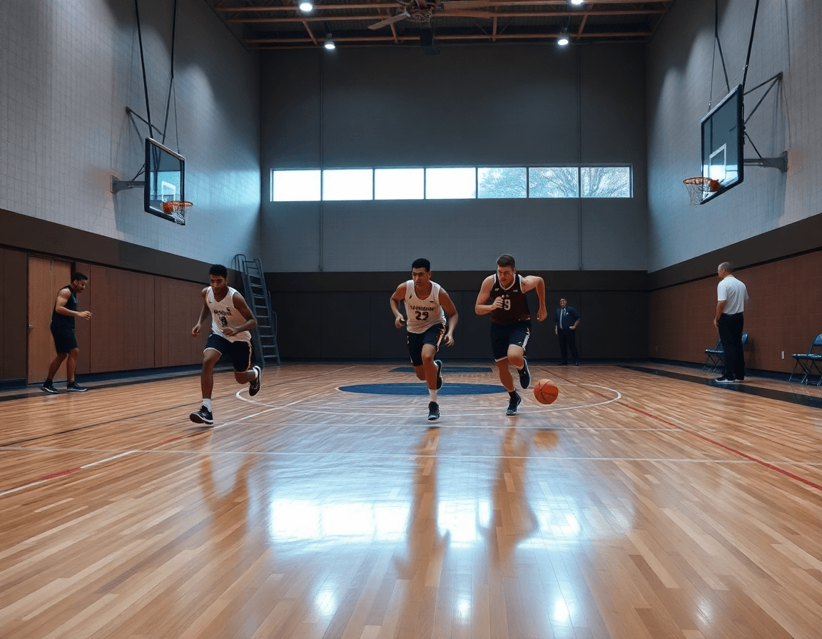 Three players sprint and cut down the hardwood floor during a basketball zone drill with an orange basketball.