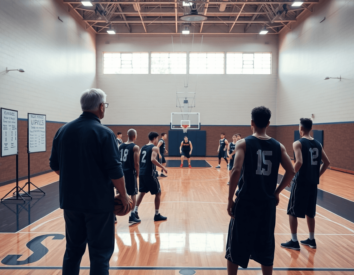 Coaches study basketball zone offense pdf on a whiteboard during a full-court basketball practice.
