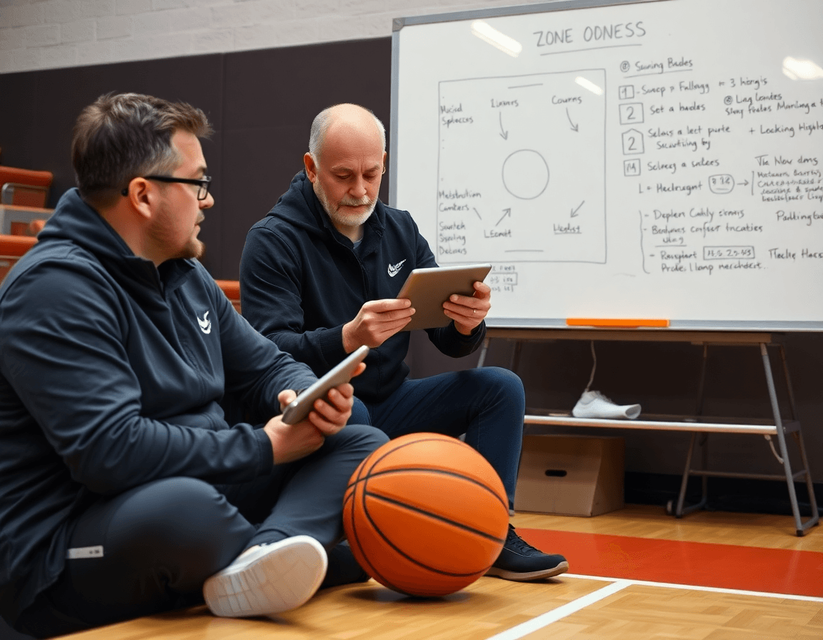 Courtside coaches reviewing basketball clips with a ball on the bench.