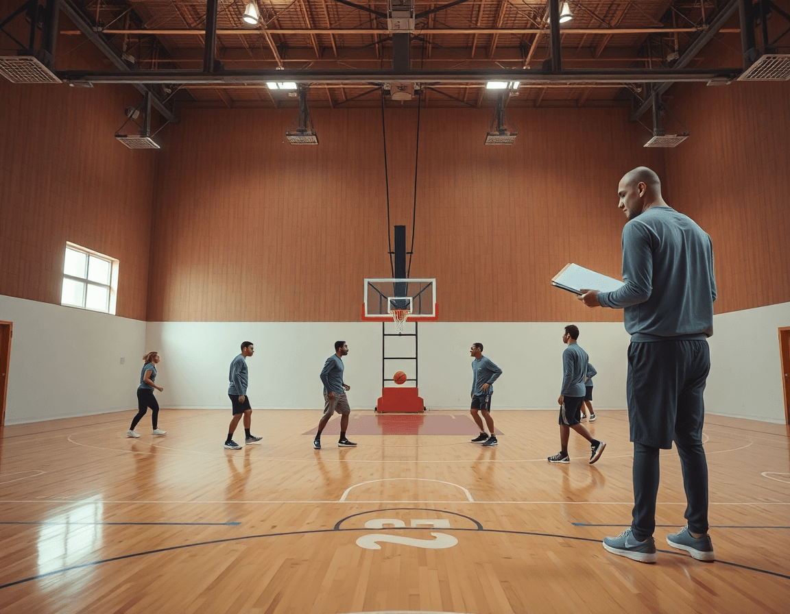Wide basketball gym scene with a coach guiding a basketball zone offense drill on a hardwood.