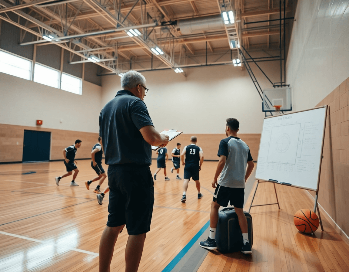 Wide-angle basketball gym scene showing coaches and players using the best app for basketball plays.