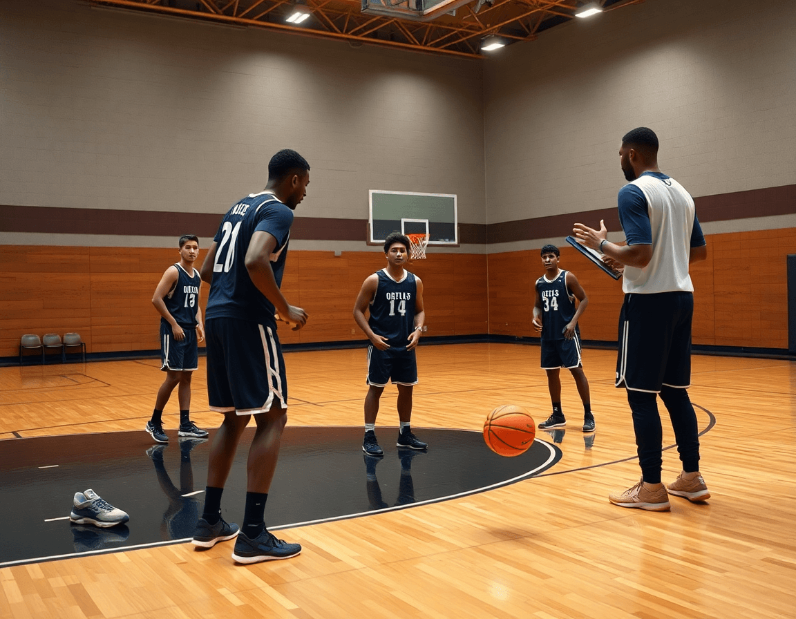 Close-up of a basketball drill as the coach uses a tactics board, highlighting best apps for coaches.