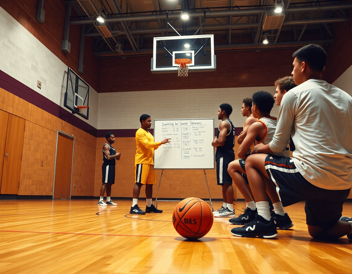 Medium shot of players reviewing a scouting report on a whiteboard during a basketball practice.