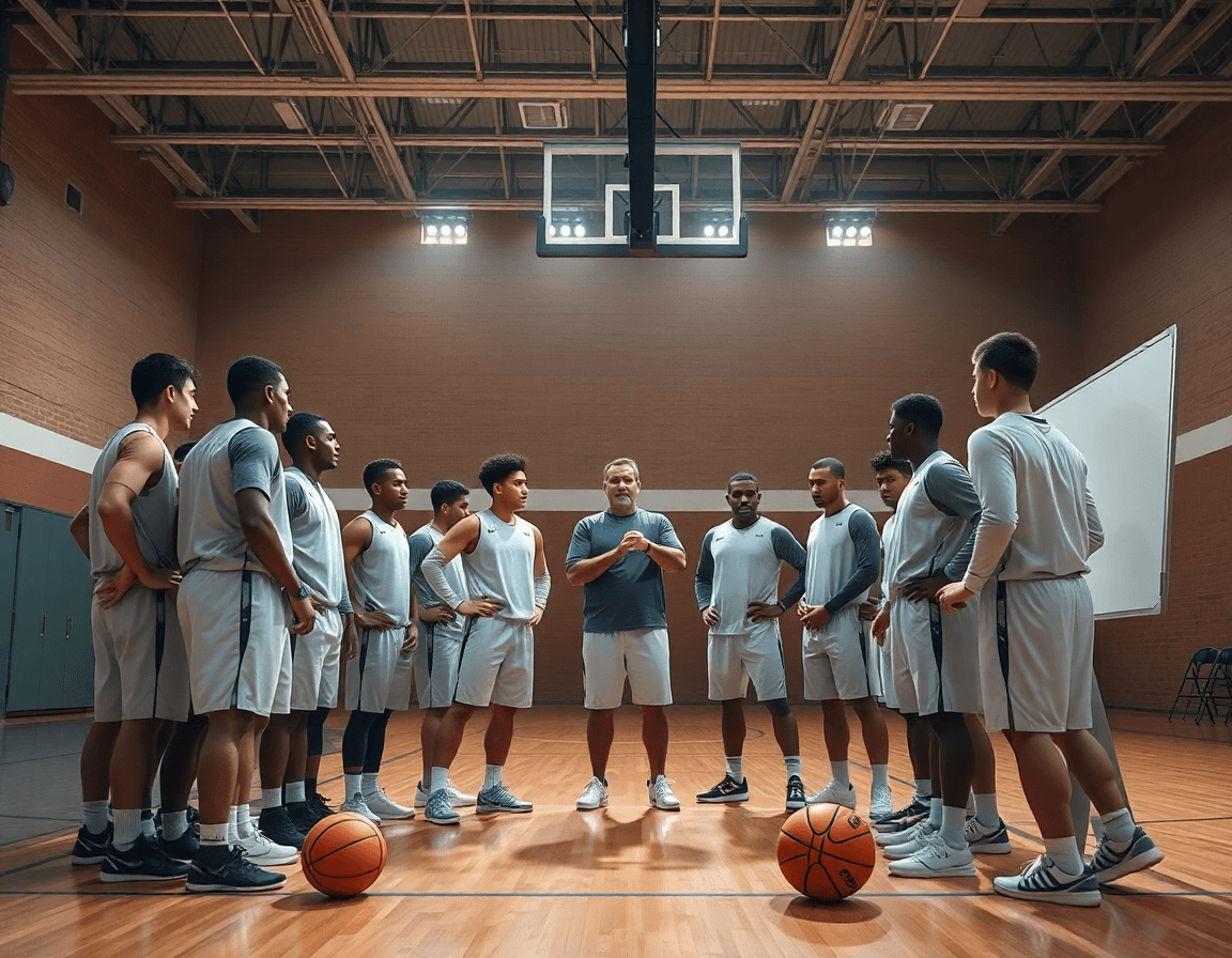 Wide view of a team huddle as players discuss a basketball play beside the court with a coach.