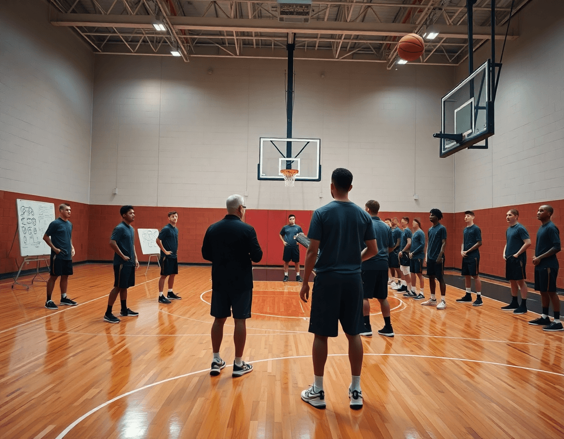 Wide basketball gym scene showing the best apps for coaches guiding a team during practice.