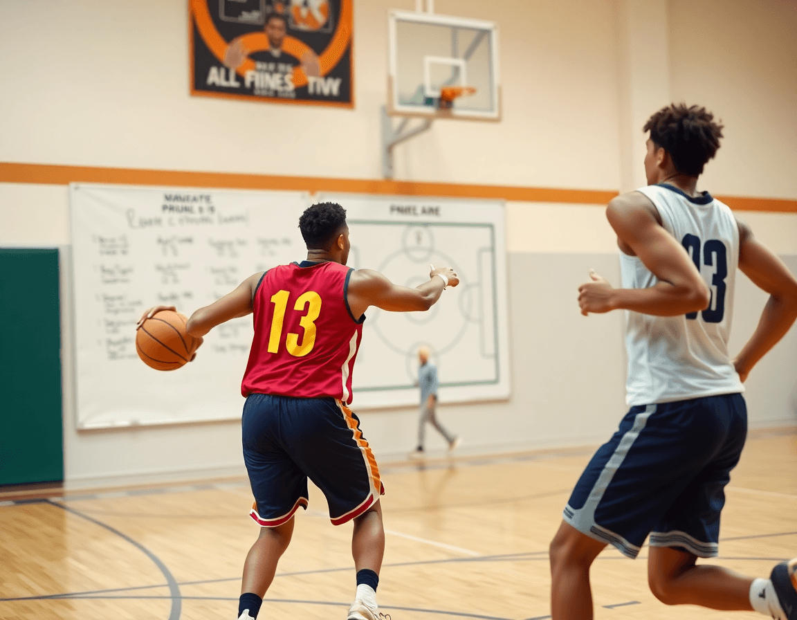 Two players run a basketball play as coach points to a whiteboard in the best basketball coach app.
