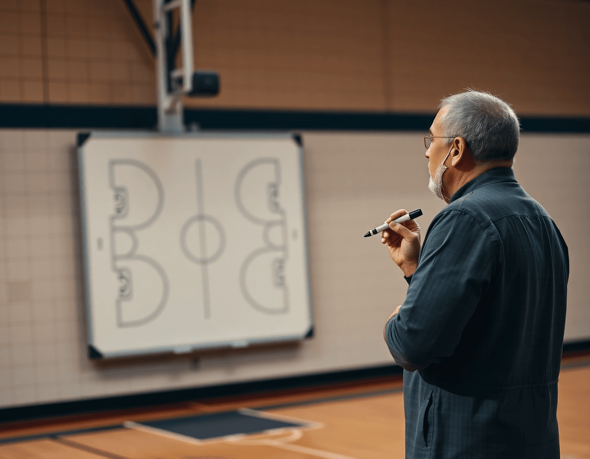 Coach explaining tactics on a gym whiteboard