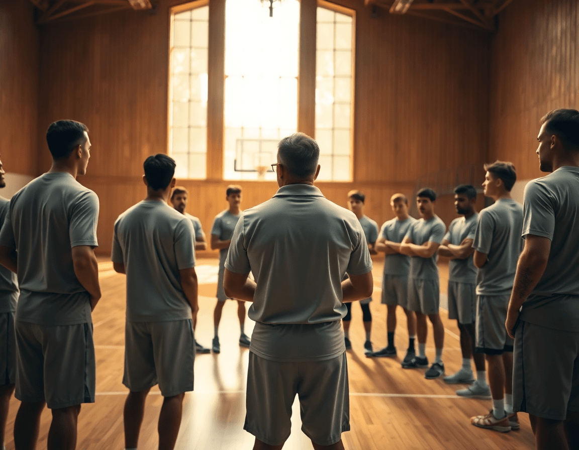 Wide shot in a basketball gym shows a coach guiding a team; best basketball coach app planning.