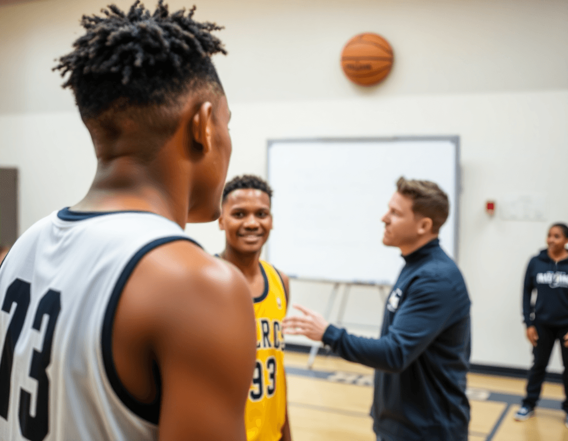 Close-up on two basketball players setting a screen as the coach points to a basketball whiteboard.