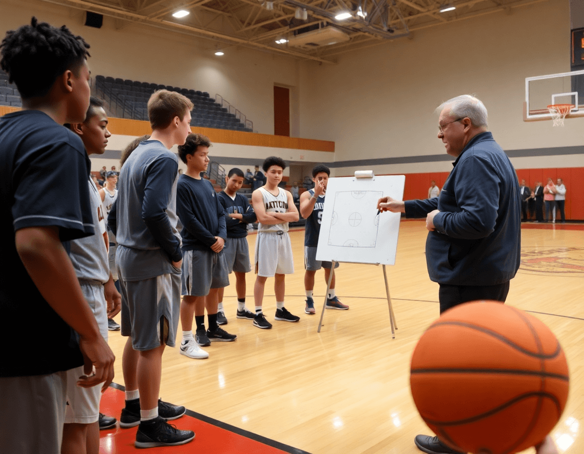 Coach draws plays at half-court as players listen, showcasing the best basketball coaching app in action.