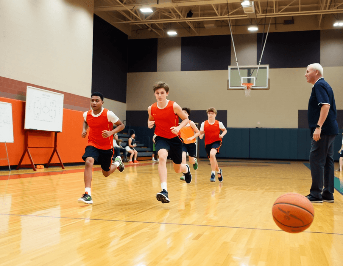 Close-up action shows a fast basketball drill with players and coach, highlighting the best basketball coaching app workflow.