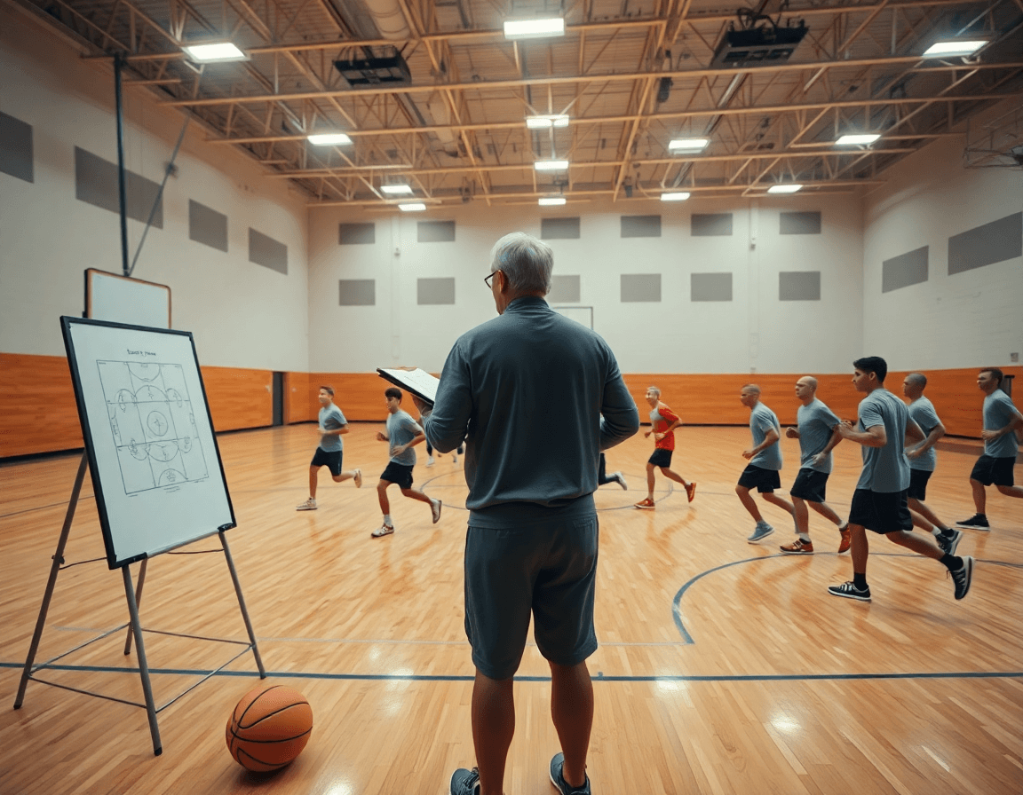 Wide, cinematic basketball gym scene with coach and team mid-practice, highlighting the best basketball coaching app workflow.