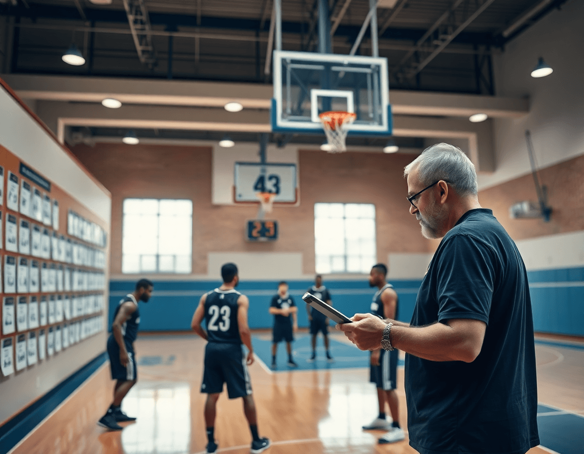 Coach reviews the best basketball drills app beside drill cards in a basketball gym.