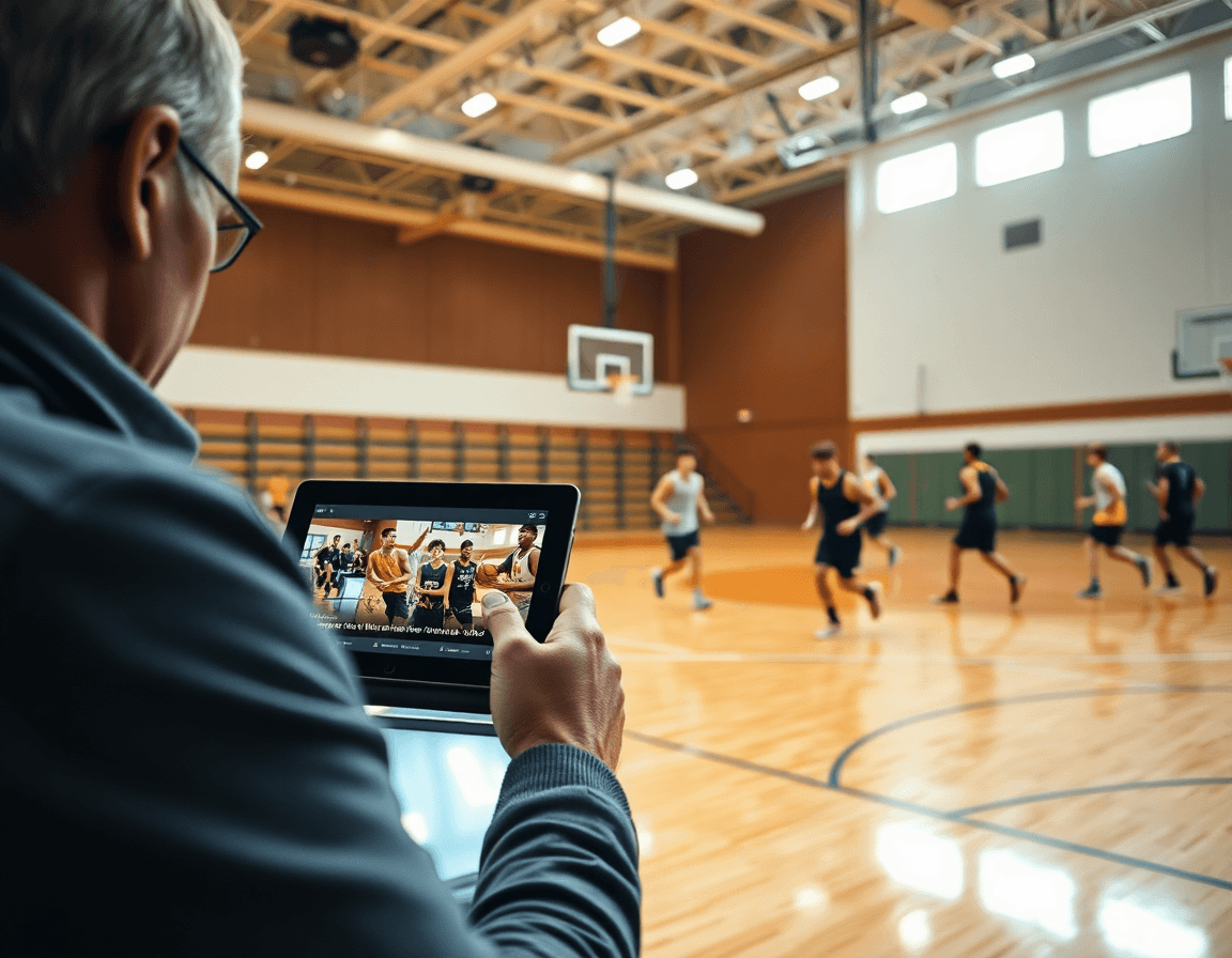 Coach organizes the best basketball drills app playlist on a tablet for quick practice sessions.