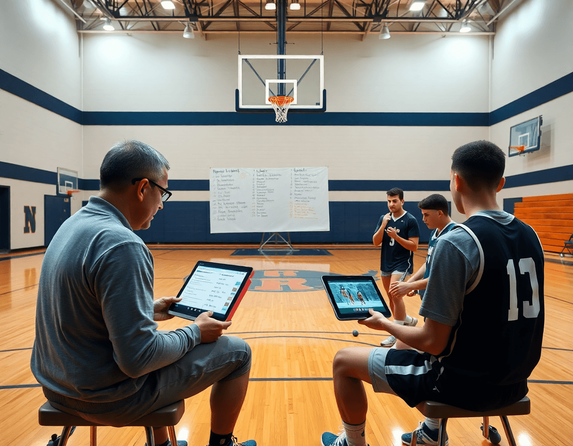Coach studies basketball scouting notes beside a whiteboard in a basketball gym.