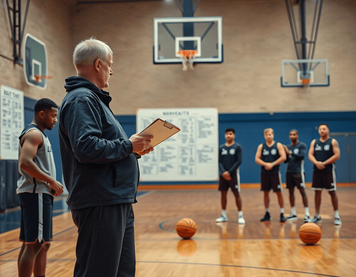 Wide-angle view of a coach using the best basketball drills app to plan weekly basketball sessions.